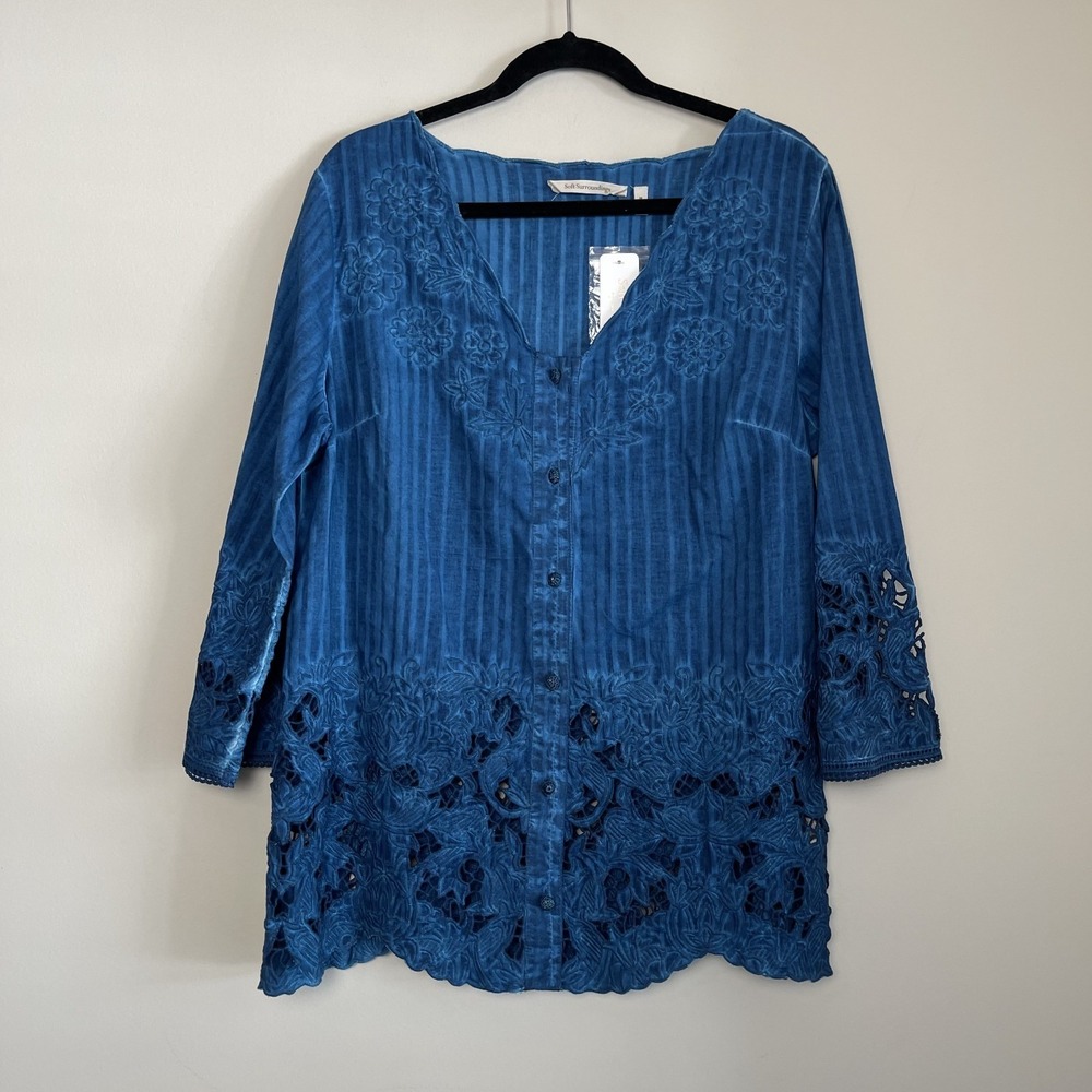 Soft Surroundings Poseidon Embroidered Lace‎ Esme Top Cami Boho Shirt Sz M